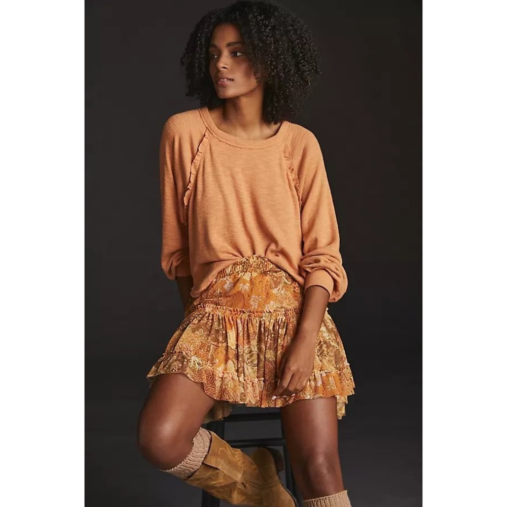 Anthropologie Pilcro Ruffled Raglan Thermal Top Sandstone XXS
